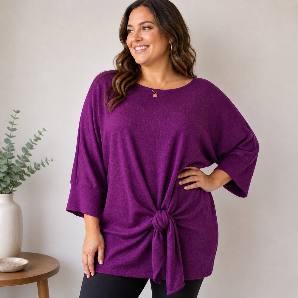 AK Anne Klein Purple Vintage Tie Front Knit Sweater Tunic Sz 3X